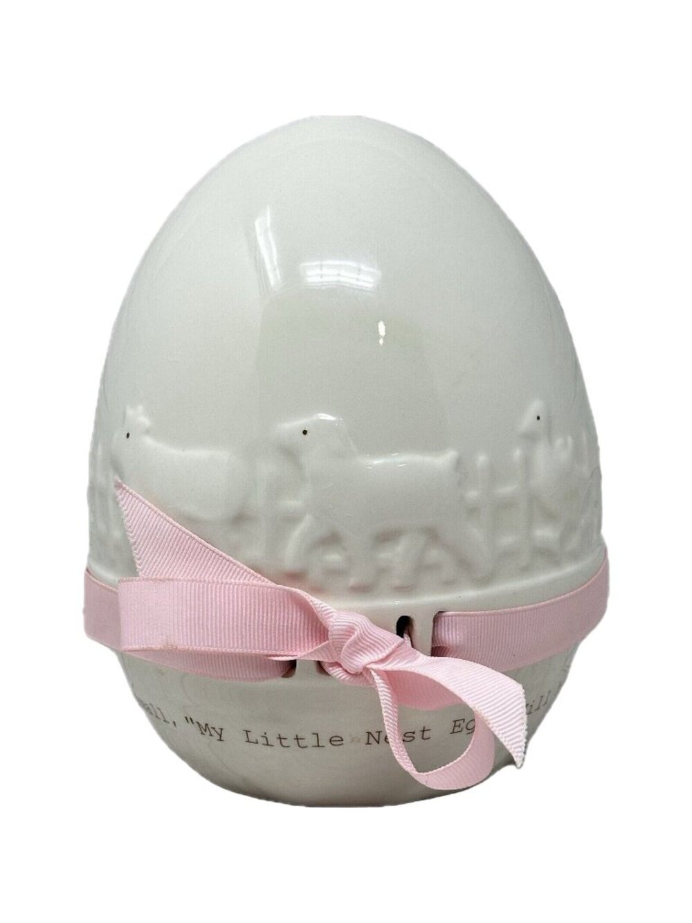 2007 Perine Lowe My Little Nest Egg Ceramic Bank Pink Ribbon Child To Cherish